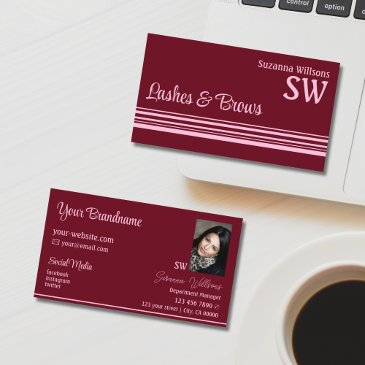 chic wine red pink stripes with monogram and photo business invitations