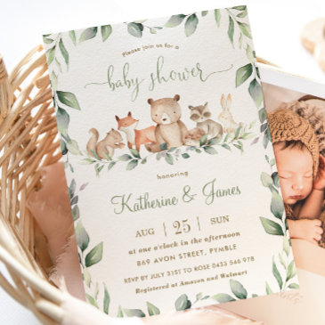 chic woodland animals greenery baby shower neutral invitation
