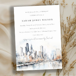 Small Chicago, Illinois City Scape Watercolor Birthday Invitation Front View
