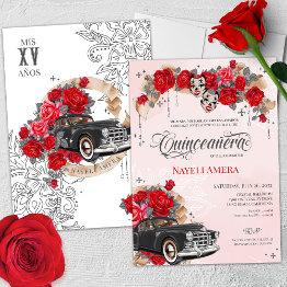 Small Chicana Lowrider Red Rose Chola Quinceanera Invitation Front View