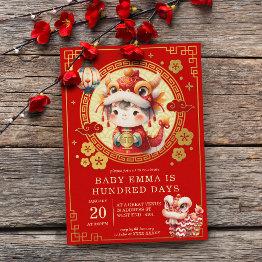 Small Chinese Traditional Baby 100 Days 百日 Invitation Front View