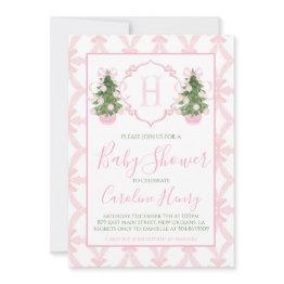 Small Chinoiserie Christmas Pink Preppy Baby Shower Invitation Front View