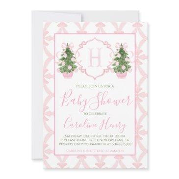 chinoiserie christmas pink preppy baby shower invitation