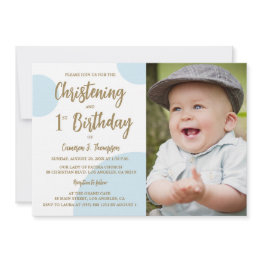 Small Christening 1st Birthday Photo Blue Gold Custom Invitation Front View