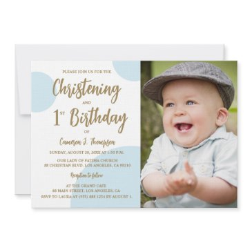 christening 1st birthday photo blue gold custom invitation