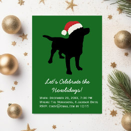 Small Christmas Black Lab Dog Wearing Santa Claus Hat Invitation Front View