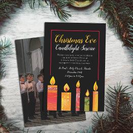 Small Christmas Candlelight Service Art Black Photo Invitation Front View