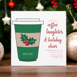 Small Christmas Coffee Personalized Holiday Party Holly Invitation Front View
