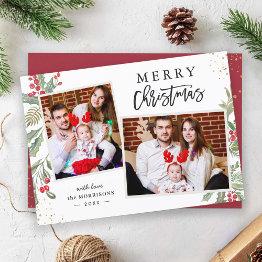 Small Christmas Festival Greenery And Berries 2 Photo Holiday Invitations Front View
