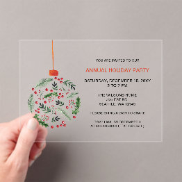 Small Christmas Holly Ornament Holiday Party Acrylic Invitations Front View