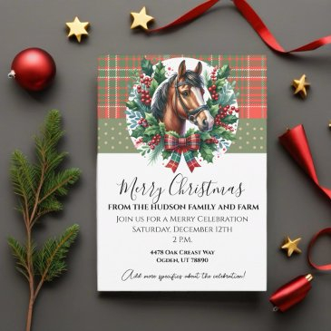 christmas horse with plaid and wreath invitation