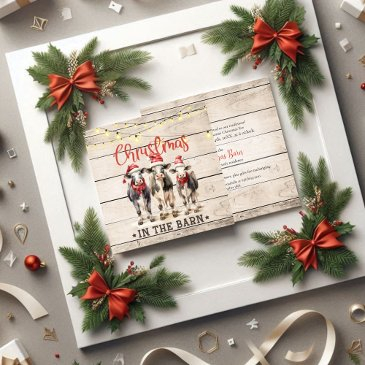 christmas in the barn cows wearing santa hats invitation