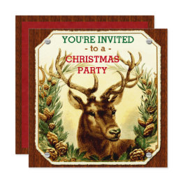 Small Christmas Party Rustic Reindeer Wood Grain Invitation Front View