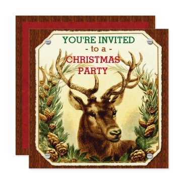christmas party rustic reindeer wood grain invitation