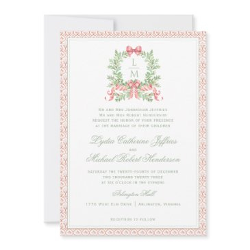 christmas wreath candy cane bow | monogram wedding invitation