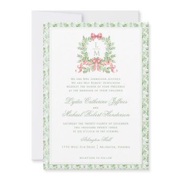christmas wreath candy cane bow | monogram wedding invitation