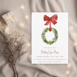 Small Christmas Wreath Red Bow | Holiday Open House Invitation Front View