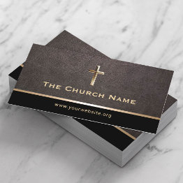 Small Church Pastor Elegant Leather Gold Holy Cross Business Invitations Front View