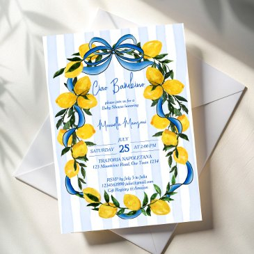 ciao bambino lemons blue bow italian baby shower invitation
