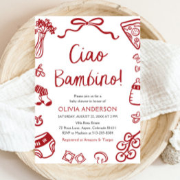 Small Ciao Bambino Whimsical Italian Pizza Baby Shower Invitation Front View