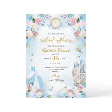 cinderella blue & pink fairytale princess sweet 16 invitation