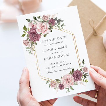 cinnamon rose blush floral greenery boho wedding save the date
