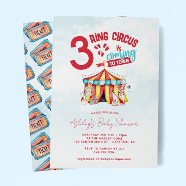circus big top triplets baby shower invitation