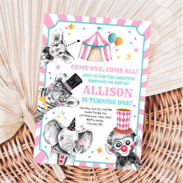 circus party animals carnival party first birthday invitation