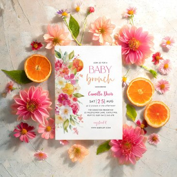 citrus baby brunch, bright floral mediterranean invitation