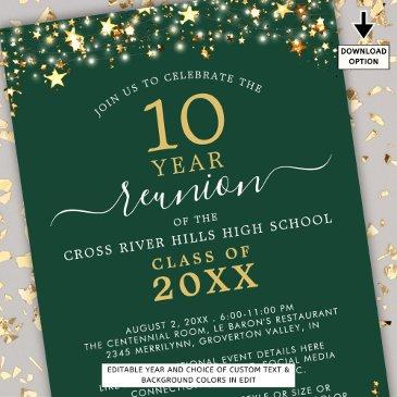 class reunion green gold stars lights any year invitation
