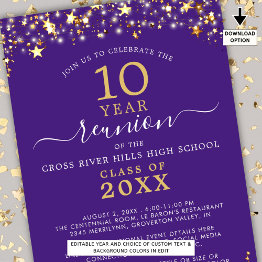 Small Class Reunion Purple Gold Stars Lights Any Year Invitation Front View