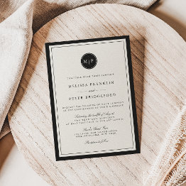 Small Classic Black And Ecru Monogram Wedding Invitation Front View