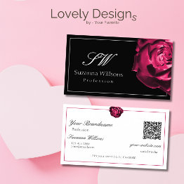 Small Classic Black And White Red Rose Initials Qr Code Business Invitations Front View