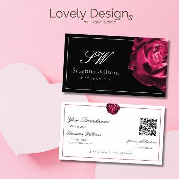 classic black and white red rose initials qr code business invitations