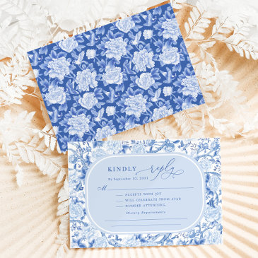 classic blue chinoiserie bird peony wedding rsvp invitations