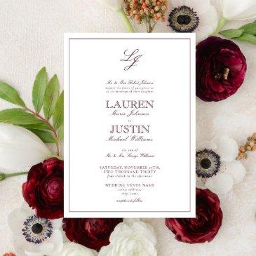 classic burgundy script monogram wedding invitation