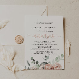 Small Classic Dusty Pink Rose Floral Bat Mitzvah Invitation Front View