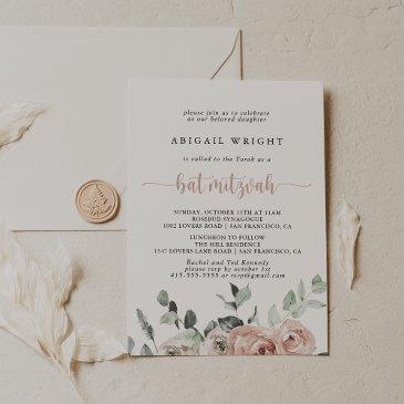 classic dusty pink rose floral bat mitzvah invitation