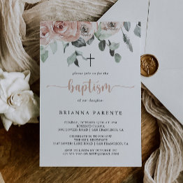 Small Classic Dusty Pink Rose Floral Calligraphy Baptism Invitation Front View