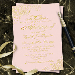 Small Classic Elegance Gold On Blush Pink Formal Wedding Foil Invitation Front View
