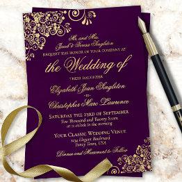 Small Classic Elegance Plum Purple Formal Wedding Gold Foil Invitation Front View
