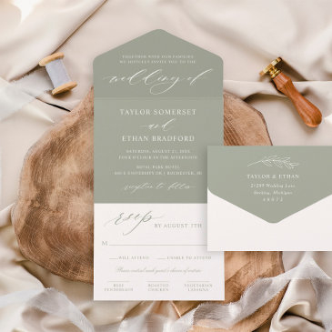 classic elegant sage green wedding all in one invitation