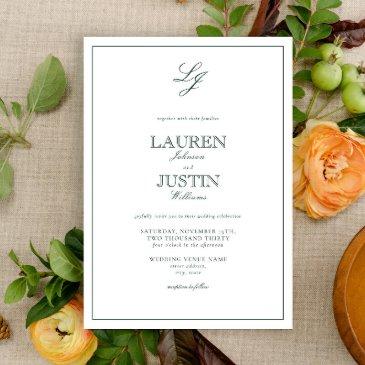 classic emerald green calligraphy monogram wedding invitation