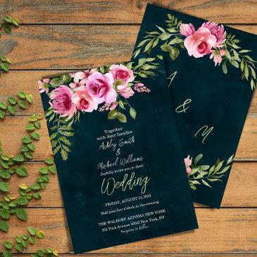 classic emerald green floral dark moody wedding invitation