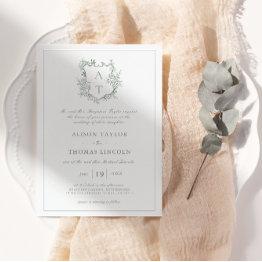 Small Classic Floral Crest Sage Green Wedding Invitation Front View