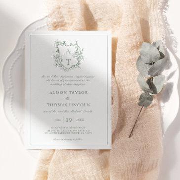 classic floral crest sage green wedding invitation