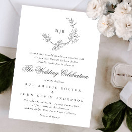 Small Classic Floral Wreath Double Monogram Wedding Invitation Front View