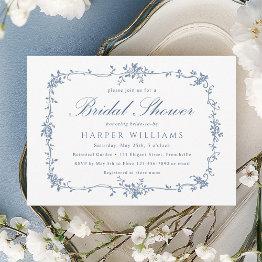 Small Classic French Victorian Blue Floral Bridal Shower Invitation Front View