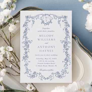 classic french victorian blue floral wedding invitation