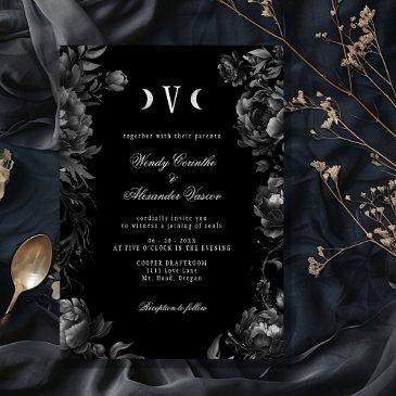 classic gothic black moon monogram wedding invitation